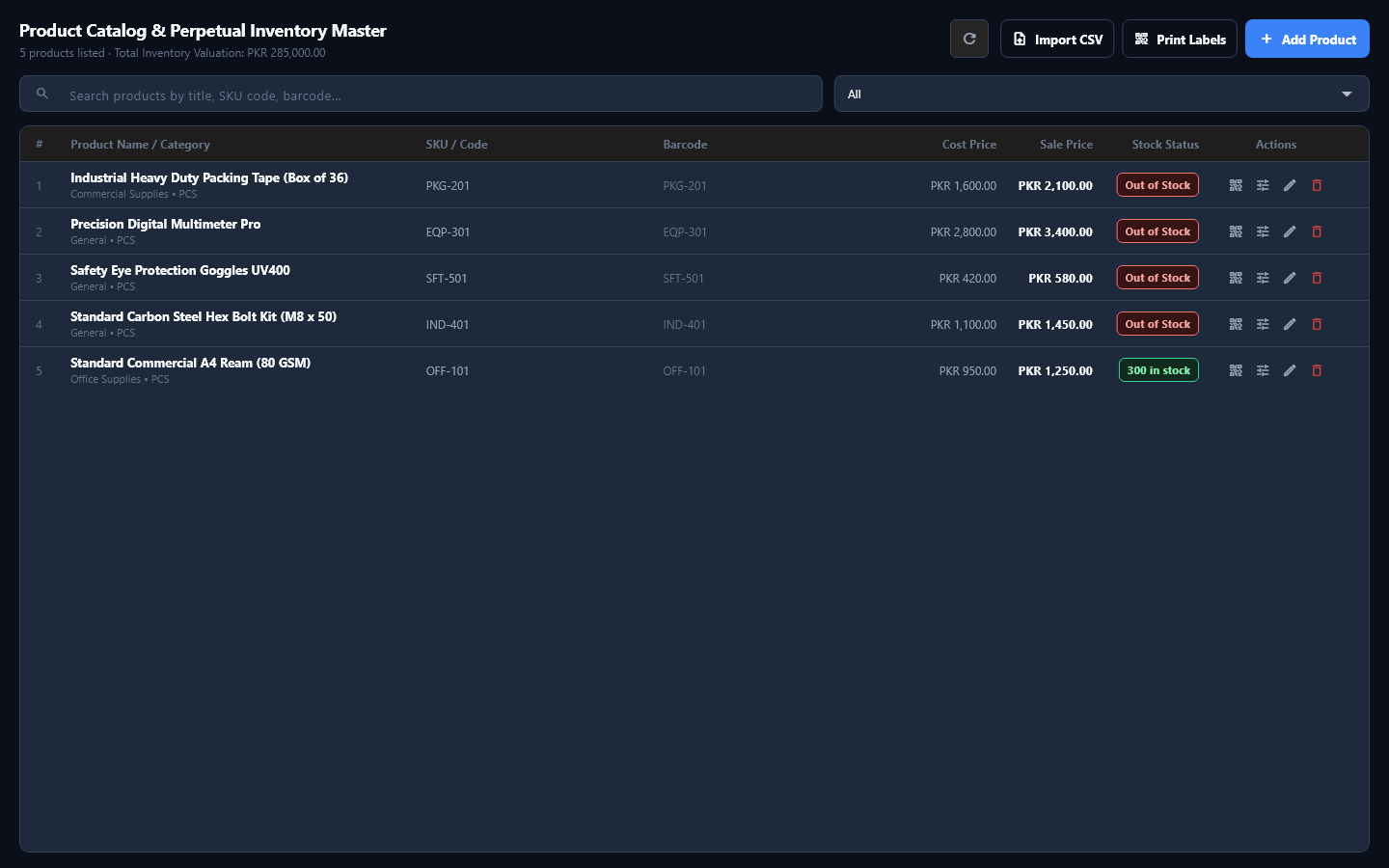 ZevTrack Master Inventory Table