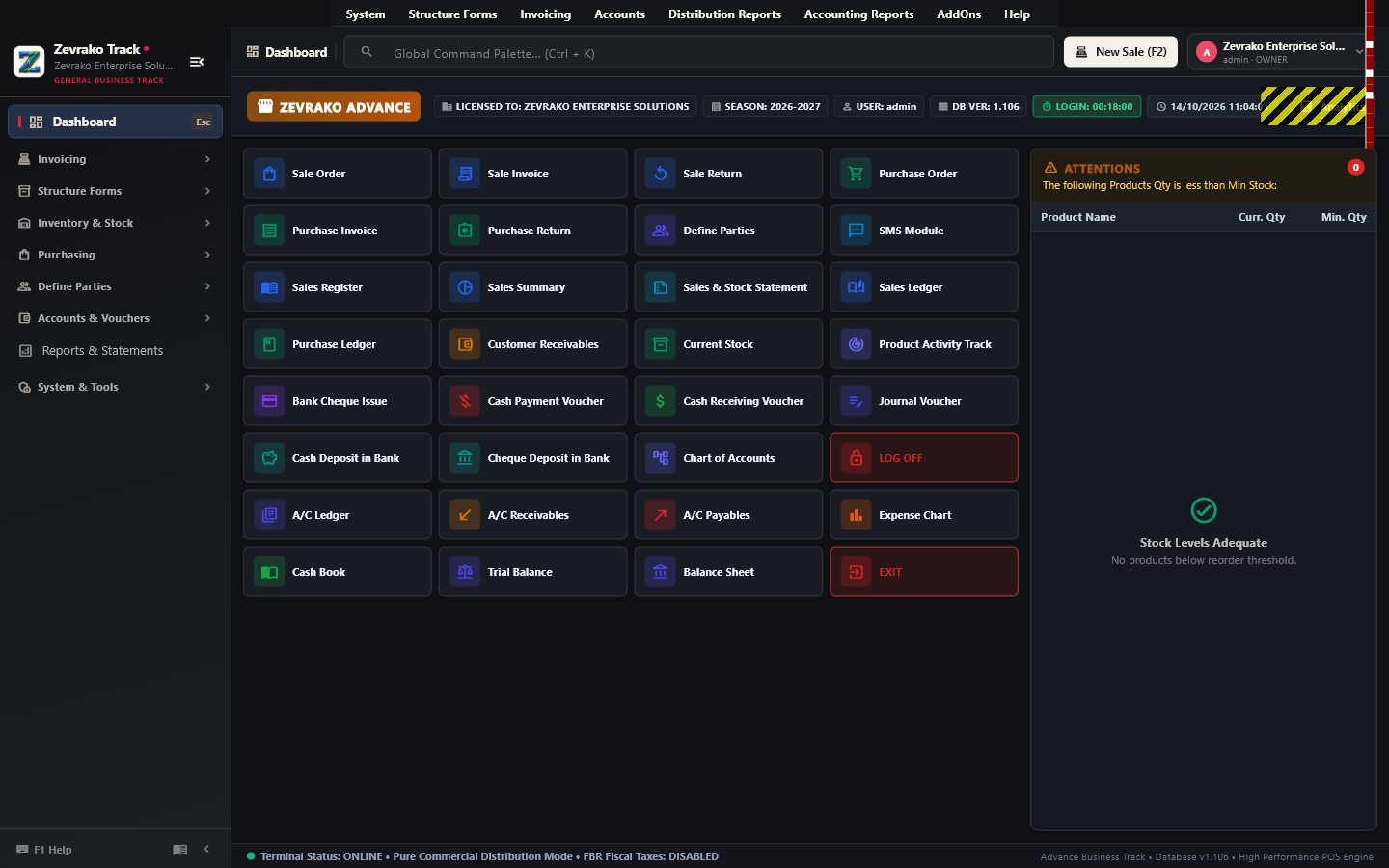 ZevTrack Enterprise ERP Desktop Application in Dark Mode